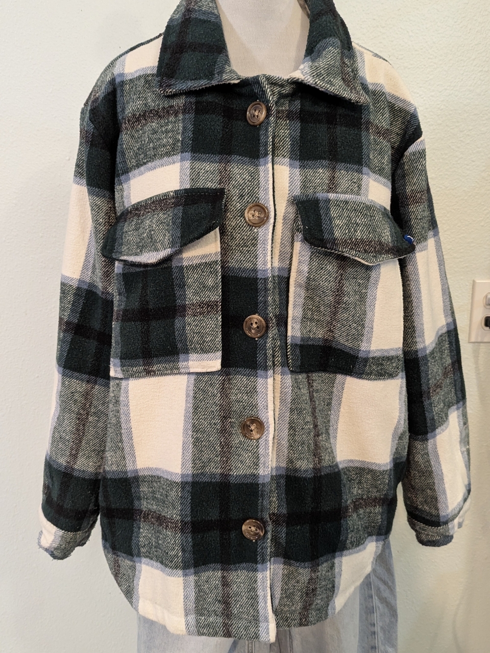Plaid Button-Up Jacket in Green & Cream w/ Quilted Lining